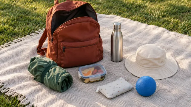AI-generated illustration of an open rust-colored backpack and a compact park kit arranged on a picnic blanket.