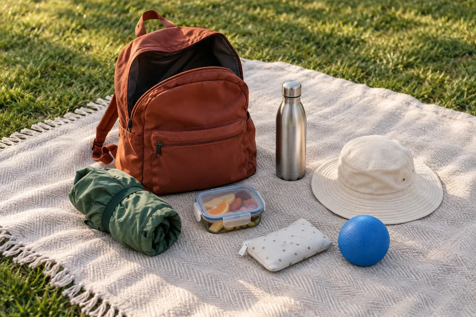 AI-generated illustration of an open rust-colored backpack and a compact park kit arranged on a picnic blanket.