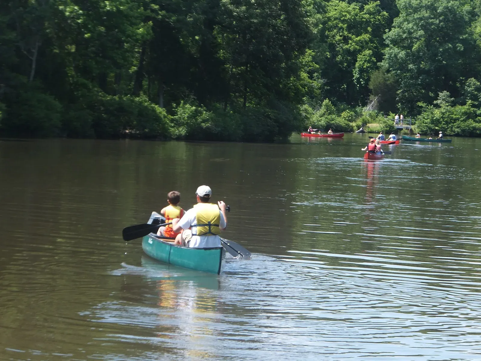 Girl Scouts canoeing on a calm lake