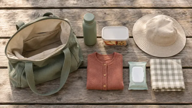 AI-generated illustration of a small park bag, water bottle, snack box, cardigan, sun hat, wipes and picnic cloth on a wooden table.