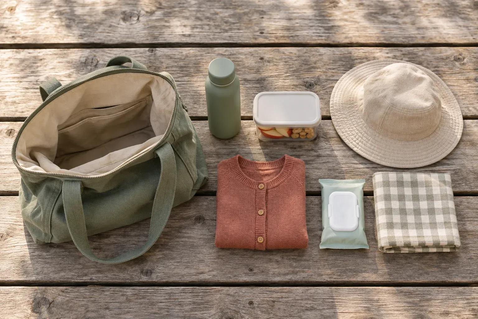 AI-generated illustration of a small park bag, water bottle, snack box, cardigan, sun hat, wipes and picnic cloth on a wooden table.