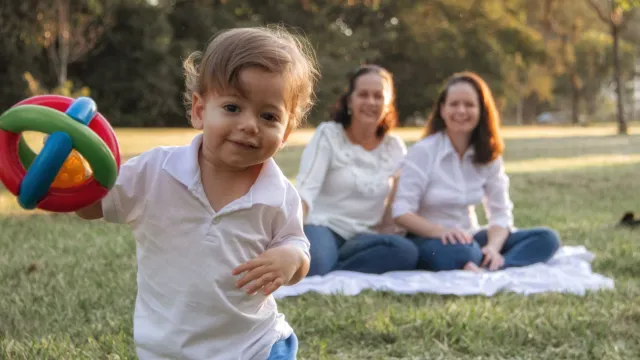 Family relaxing on a picnic blanket with a toddler in a sunny park