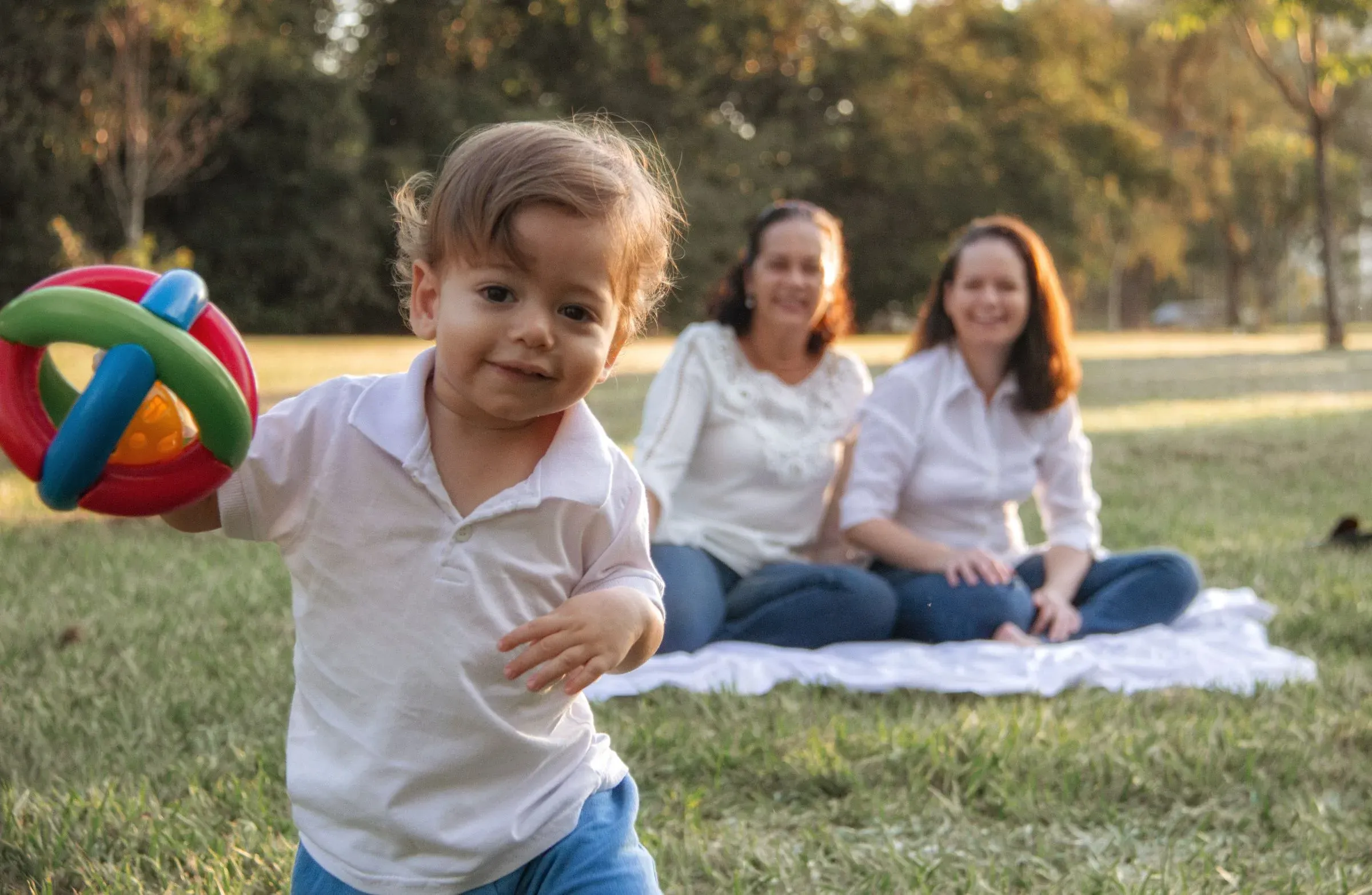 Family relaxing on a picnic blanket with a toddler in a sunny park